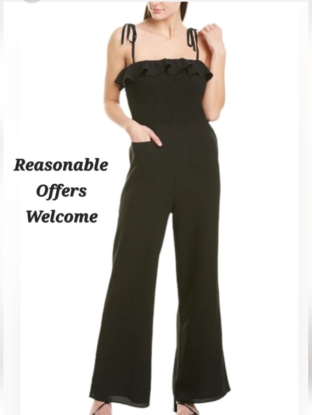 Honey and Rosie Black Smocked Ruffle Tie-Shoulder Wide-Leg Jumpsuit. NWT Size XS